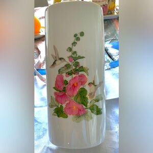 Vintage porcelain vase by Otagiri, hummingbirds and hollyhocks outlined in gold.